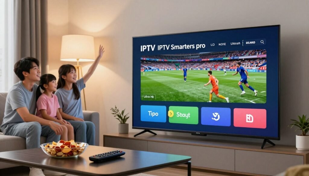 A contemporary living room featuring a Smart TV displaying the ultra HD interface of "IPTV Smarters pro." In the foreground, a sleek coffee table holds a remote control and snacks, hinting at a cozy movie night. In the middle ground, a family of four dressed in casual clothing happily watches a sports game, showcasing vibrant colors and sharp detail from the IPTV streaming. The background includes soft lighting from a stylish lamp, creating an inviting atmosphere. The scene conveys a sense of comfort and excitement, emphasizing the premium experience offered by IPTV over standard packages. The angle captures the TV screen clearly, highlighting the streaming quality without any text or graphics overlays.
