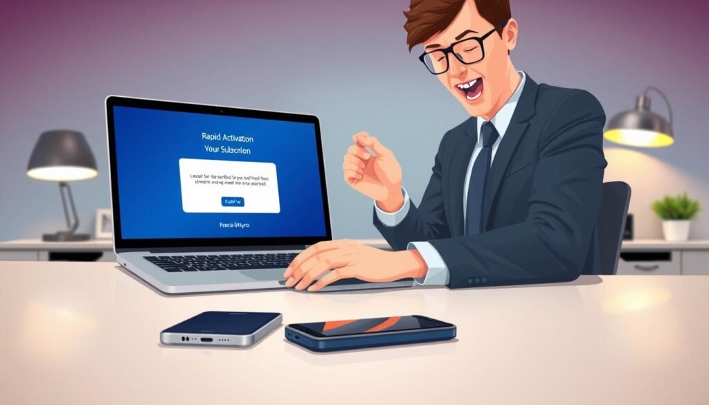 A digital illustration focused on the rapid activation process for IPTV subscriptions, showcasing a sleek, modern office workspace. In the foreground, depict a professional-looking individual, dressed in business attire, excitedly checking their laptop screen which displays a confirmation message for their IPTV subscription. The middle ground features a smartphone beside the laptop, with a visible notification of received credentials. In the background, a well-organized desk with a stylish lamp emits soft, warm lighting, creating a welcoming atmosphere. Use a shallow depth of field to emphasize the individual and the devices, creating a sense of urgency and enthusiasm. Incorporate subtle branding elements in the decor that suggest “france iptv pro,” enhancing the focus on the service's accessibility and efficiency.