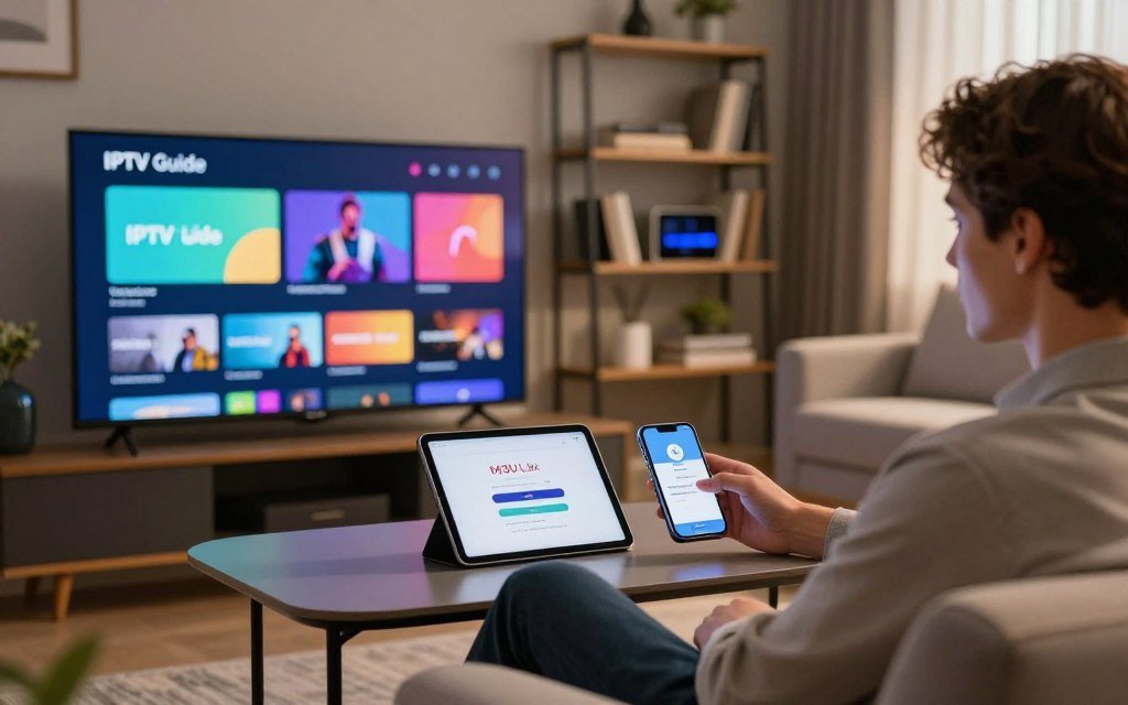 A dynamic and informative scene illustrating the concept of IPTV subscription flexibility. In the foreground, a modern living room setting featuring a sleek television displaying the "IPTV Guide" app interface with vivid colors. A person in professional attire, sitting comfortably on a stylish couch, is intently navigating the app, their face reflecting concentration. In the middle, a table is set with modern devices like a tablet and smartphone, showcasing the login screen and M3U link setup steps. The background features shelves filled with books and tech gadgets, creating a cozy yet sophisticated atmosphere. Soft, warm lighting enhances the inviting feel, while a subtle focus lens blurs the background slightly to draw attention to the IPTV interface. The overall mood should be engaging and informative, emphasizing the ease and advantages of IPTV subscriptions. A dynamic and informative scene illustrating the concept of IPTV subscription flexibility. In the foreground, a modern living room setting featuring a sleek television displaying the "IPTV Guide" app interface with vivid colors. A person in professional attire, sitting comfortably on a stylish couch, is intently navigating the app, their face reflecting concentration. In the middle, a table is set with modern devices like a tablet and smartphone, showcasing the login screen and M3U link setup steps. The background features shelves filled with books and tech gadgets, creating a cozy yet sophisticated atmosphere. Soft, warm lighting enhances the inviting feel, while a subtle focus lens blurs the background slightly to draw attention to the IPTV interface. The overall mood should be engaging and informative, emphasizing the ease and advantages of IPTV subscriptions.