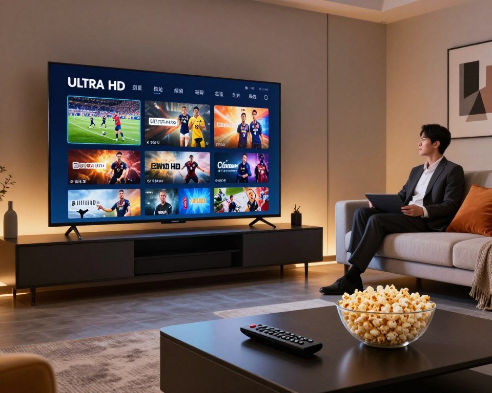 A modern living room featuring a large Smart TV displaying an ultra HD IPTV interface, showcasing vivid sports and movie thumbnails in high quality. In the foreground, a sleek coffee table holds a remote control and a bowl of popcorn, inviting viewers to enjoy premium content. In the middle, a comfortable sofa is adorned with stylish cushions, while a person in professional business attire sits on the edge, eagerly watching, embodying the excitement of modern viewing. The background includes tasteful wall art and ambient lighting that creates a cozy yet sophisticated atmosphere. The scene is illuminated by soft, warm light, casting gentle shadows, enhancing the welcoming vibe of this high-tech entertainment space. A modern living room featuring a large Smart TV displaying an ultra HD IPTV interface, showcasing vivid sports and movie thumbnails in high quality. In the foreground, a sleek coffee table holds a remote control and a bowl of popcorn, inviting viewers to enjoy premium content. In the middle, a comfortable sofa is adorned with stylish cushions, while a person in professional business attire sits on the edge, eagerly watching, embodying the excitement of modern viewing. The background includes tasteful wall art and ambient lighting that creates a cozy yet sophisticated atmosphere. The scene is illuminated by soft, warm light, casting gentle shadows, enhancing the welcoming vibe of this high-tech entertainment space.