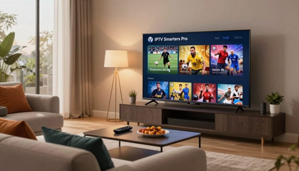 A modern living room scene featuring a Smart TV displaying the IPTV Smarters Pro interface in ultra HD quality, showcasing vibrant sports and movie thumbnails. In the foreground, a cozy couch with colorful cushions invites viewers to relax. The middle ground includes a stylish coffee table with a remote control and snacks, hinting at a premium viewing experience. The background is illuminated by soft, ambient lighting, enhancing the warm atmosphere of a home theater setup. Large windows allow natural light to filter in, giving a daylight feel while maintaining an inviting evening vibe. The overall mood conveys comfort and excitement, perfect for enjoying high-quality IPTV content.
