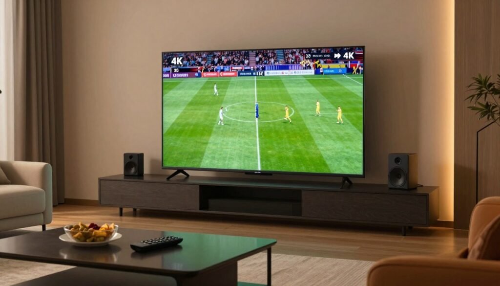 A modern living room showcasing a sleek, large 4K TV prominently displaying a vibrant sports match, surrounded by cozy furniture and high-tech gadgets. The foreground features a stylish coffee table with a remote and snacks, while the middle ground includes comfortable seating arranged for optimal viewing. The background is adorned with minimalistic decor and soft ambient lighting that creates a warm, inviting atmosphere. Cinematic lighting enhances the scene, casting subtle reflections on the TV screen and giving it a dynamic appearance. The overall mood of the image is energetic yet relaxed, capturing the essence of enjoying IPTV content in a contemporary space.