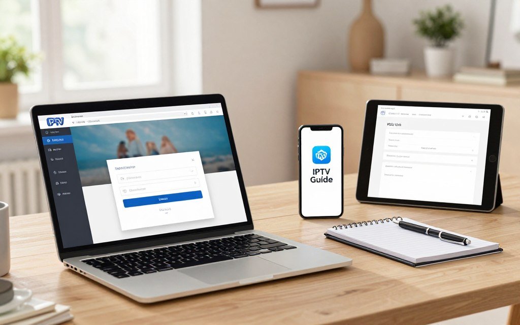 A modern, visually appealing illustration depicting the prerequisites for IPTV subscription setup. In the foreground, show a sleek laptop displaying the IPTV app interface, emphasizing the login screen with fields for username and password. Beside the laptop, include a tablet showing an M3U link setup screen, providing a clear view of its interface. In the middle ground, feature an organized workspace with a notepad and a pen, alongside a smartphone with the 'IPTV Guide' logo prominently displayed. The background should depict a cozy, well-lit room with soft, natural lighting pouring through a window, creating an inviting and professional atmosphere. Use a wide-angle lens perspective to capture depth, ensuring the scene communicates clarity and ease of use for the IPTV registration process. A modern, visually appealing illustration depicting the prerequisites for IPTV subscription setup. In the foreground, show a sleek laptop displaying the IPTV app interface, emphasizing the login screen with fields for username and password. Beside the laptop, include a tablet showing an M3U link setup screen, providing a clear view of its interface. In the middle ground, feature an organized workspace with a notepad and a pen, alongside a smartphone with the 'IPTV Guide' logo prominently displayed. The background should depict a cozy, well-lit room with soft, natural lighting pouring through a window, creating an inviting and professional atmosphere. Use a wide-angle lens perspective to capture depth, ensuring the scene communicates clarity and ease of use for the IPTV registration process.