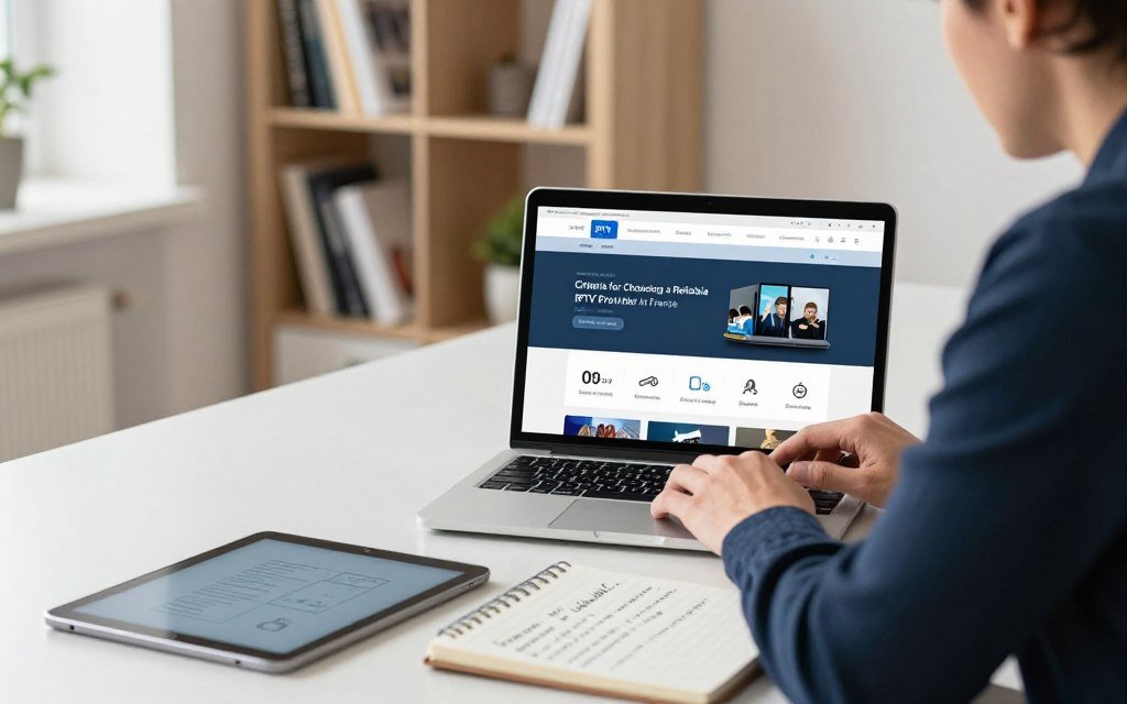 A professional office environment, showcasing a well-dressed individual, in smart casual attire, sitting at a desk, focused on a laptop screen displaying an IPTV app interface. The foreground features a sleek tablet and a notebook with handwritten notes summarizing the "Criteria for Choosing a Reliable IPTV Provider in France." In the middle ground, subtle icons symbolize key criteria such as customer support, content variety, and pricing. The background includes a softly-lit bookshelf filled with technology and media-related books, enhancing the atmosphere of professionalism and trust. Soft, natural lighting illuminates the scene, creating a welcoming ambiance. The brand name "IPTV Guide" is subtly present in the IPTV app interface on the laptop screen, ensuring visual focus on the content without distractions. A professional office environment, showcasing a well-dressed individual, in smart casual attire, sitting at a desk, focused on a laptop screen displaying an IPTV app interface. The foreground features a sleek tablet and a notebook with handwritten notes summarizing the "Criteria for Choosing a Reliable IPTV Provider in France." In the middle ground, subtle icons symbolize key criteria such as customer support, content variety, and pricing. The background includes a softly-lit bookshelf filled with technology and media-related books, enhancing the atmosphere of professionalism and trust. Soft, natural lighting illuminates the scene, creating a welcoming ambiance. The brand name "IPTV Guide" is subtly present in the IPTV app interface on the laptop screen, ensuring visual focus on the content without distractions.