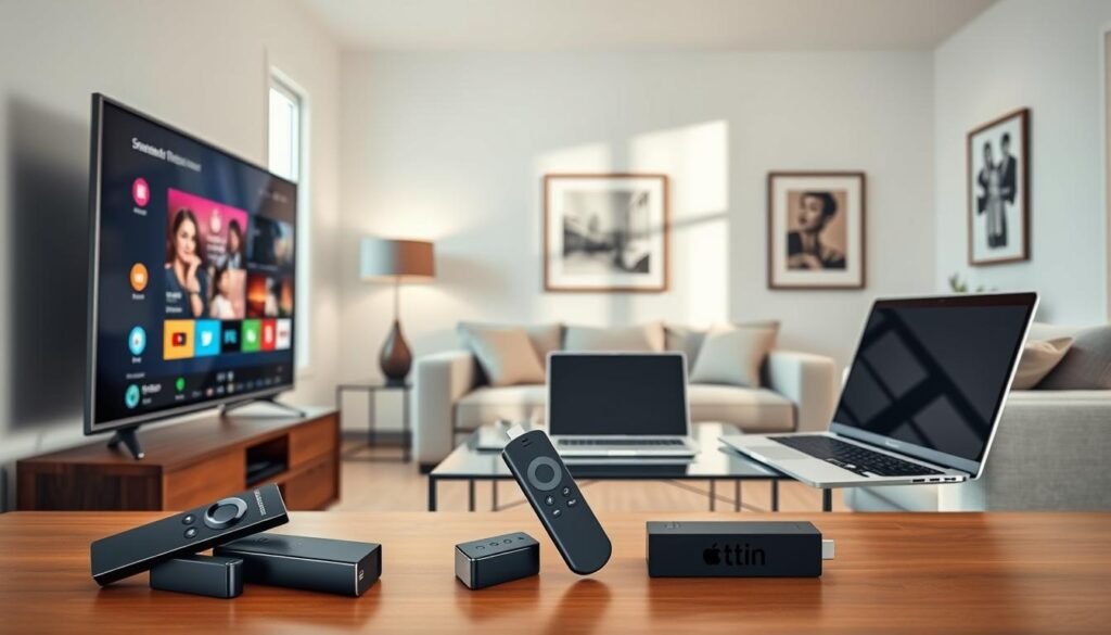 A sleek, modern living room setting featuring various devices compatible with France IPTV Pro in 4K quality. In the foreground, a stylish Smart TV displays a user-friendly interface, while an Android device and a Fire Stick are placed beside it. A laptop runs a streaming service, and an iPhone rests on a glass table. In the middle ground, a cozy sofa invites viewers to relax, and ambient lighting enhances the inviting atmosphere. The background showcases a minimalist decor with elegant artwork on the walls, creating a sophisticated vibe. The scene is well-lit with soft, natural light pouring in through the window, highlighting the technology while maintaining a warm, welcoming mood.