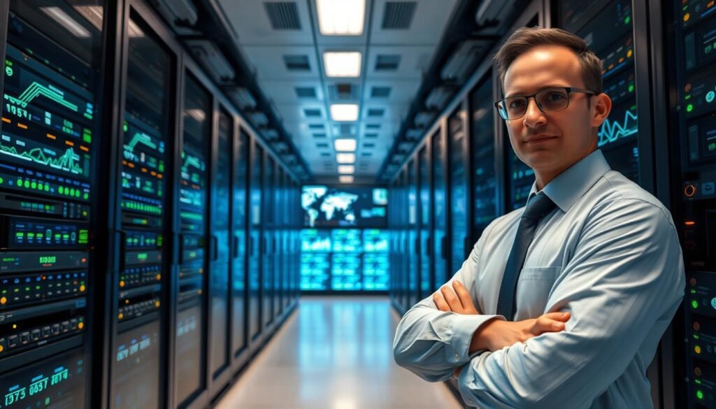 A sleek, modern server room filled with high-tech server racks, showcasing cutting-edge technology while exuding reliability and stability. In the foreground, a confident IT technician dressed in professional business attire inspects the equipment, highlighting expertise in maintaining optimal performance. The middle ground features glowing status lights on servers, representing a stable and secure IPTV service by France IPTV Pro. The background shows a panoramic view of digital graphs and data monitors displaying real-time performance metrics. Soft, cool lighting creates a calm atmosphere, emphasizing a professional and efficient environment. A wide-angle perspective enhances the depth, revealing the organized layout of the server room, symbolizing an anti-freeze experience in daily streaming.
