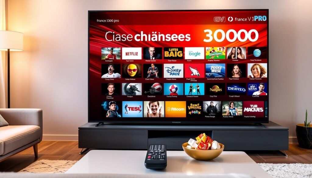 A striking image showcasing a digital screen displaying the diverse offerings of "chaînes 30000" provided by France IPTV Pro. In the foreground, a modern living room setting is depicted, with a sleek television showcasing a vibrant, dynamic interface filled with colorful channel thumbnails, featuring sports, movies, and VOD options. The middle layer features a stylish coffee table adorned with a remote control and snacks, inviting viewers to enjoy a complete viewing experience. The background fades into a cozy atmosphere with warm lighting, emphasizing a relaxed home environment. Capture a sense of excitement and variety, using bright, vivid colors and soft, ambient lighting that conveys a welcoming and engaging mood, perfect for viewers seeking premium entertainment options.