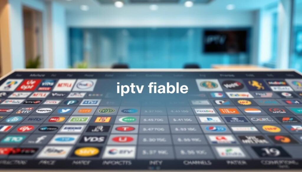 A detailed comparison table showcasing IPTV services in France for 2026, prominently displaying the brand name "iptv fiable." The foreground features a sleek, modern table with rows and columns filled with vibrant icons and representative logos of various IPTV services. In the middle, a soft-focus effect highlights detailed comparisons such as price, channels, and user ratings, presented in an organized manner. The background is a subtle office environment with a gradient of soft blue and white tones, suggesting a professional and informative atmosphere. Lighting is bright yet soft, illuminating the table clearly without harsh shadows. The overall mood is analytical and trustworthy, suitable for readers seeking reliable information on IPTV services. No text, captions, or logos should be present outside of the comparison table itself. A detailed comparison table showcasing IPTV services in France for 2026, prominently displaying the brand name "iptv fiable." The foreground features a sleek, modern table with rows and columns filled with vibrant icons and representative logos of various IPTV services. In the middle, a soft-focus effect highlights detailed comparisons such as price, channels, and user ratings, presented in an organized manner. The background is a subtle office environment with a gradient of soft blue and white tones, suggesting a professional and informative atmosphere. Lighting is bright yet soft, illuminating the table clearly without harsh shadows. The overall mood is analytical and trustworthy, suitable for readers seeking reliable information on IPTV services. No text, captions, or logos should be present outside of the comparison table itself.