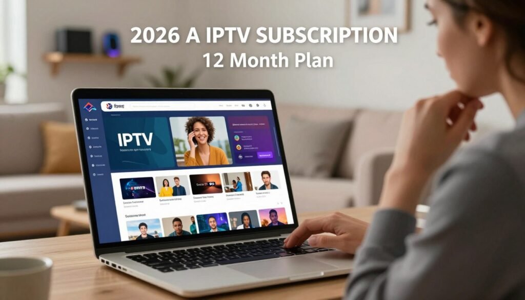 A detailed illustration showing the concept of a long-term IPTV subscription, specifically focusing on a 12-month plan. In the foreground, depict a laptop screen displaying a vibrant user interface of an IPTV application, showcasing various channels and options. In the middle, include a professional-looking person in business attire, thoughtfully browsing through IPTV subscription options on the laptop. The background should feature a cozy modern living room with soft lighting, a comfortable couch, and a decorative shelf showcasing tech gadgets. The overall mood should convey reliability and accessibility in 2026, emphasizing the benefits of choosing a long-term IPTV plan. Include the brand name "france iptv pro" subtly integrated into the design without text overlays or watermarks. A detailed illustration showing the concept of a long-term IPTV subscription, specifically focusing on a 12-month plan. In the foreground, depict a laptop screen displaying a vibrant user interface of an IPTV application, showcasing various channels and options. In the middle, include a professional-looking person in business attire, thoughtfully browsing through IPTV subscription options on the laptop. The background should feature a cozy modern living room with soft lighting, a comfortable couch, and a decorative shelf showcasing tech gadgets. The overall mood should convey reliability and accessibility in 2026, emphasizing the benefits of choosing a long-term IPTV plan. Include the brand name "france iptv pro" subtly integrated into the design without text overlays or watermarks.