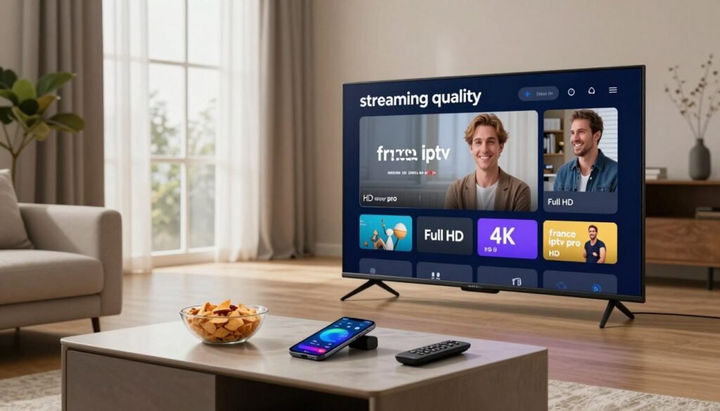 A detailed image showcasing the concept of "streaming quality" in a modern living room setting. In the foreground, a sleek, high-definition television displays stunning visuals in 4K resolution, surrounded by a cozy environment with soft lighting. The middle ground features a stylish coffee table equipped with remote controls, a smartphone displaying streaming statistics, and a bowl of snacks, creating a casual, inviting atmosphere. In the background, large windows with sheer curtains allow natural light to spill in, illuminating the room gently, while a decorative plant adds a touch of nature. The overall mood is relaxed yet sophisticated, emphasizing the experience of streaming services like "france iptv pro" in HD, Full HD, and 4K. The image should not contain any text, ensuring a clean, professional appearance. A detailed image showcasing the concept of "streaming quality" in a modern living room setting. In the foreground, a sleek, high-definition television displays stunning visuals in 4K resolution, surrounded by a cozy environment with soft lighting. The middle ground features a stylish coffee table equipped with remote controls, a smartphone displaying streaming statistics, and a bowl of snacks, creating a casual, inviting atmosphere. In the background, large windows with sheer curtains allow natural light to spill in, illuminating the room gently, while a decorative plant adds a touch of nature. The overall mood is relaxed yet sophisticated, emphasizing the experience of streaming services like "france iptv pro" in HD, Full HD, and 4K. The image should not contain any text, ensuring a clean, professional appearance.