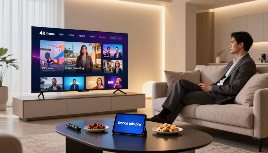 A futuristic living room showcasing a high-end smart TV displaying vibrant, stunning 4K content about IPTV streaming options. In the foreground, a sleek modern coffee table holds a remote, snacks, and a tablet showcasing the "france iptv pro" logo. The middle ground features a cozy sofa with plush cushions, where an individual in professional attire is comfortably seated, deeply engaged in the viewing experience. In the background, soft ambient LED lights create a warm atmosphere, enhancing the feeling of relaxation. The room is designed with minimalist decor, and large windows let in natural light, reflecting the elegance of modern technology. The overall mood is inviting and sophisticated, emphasizing the premium quality of streaming entertainment. A futuristic living room showcasing a high-end smart TV displaying vibrant, stunning 4K content about IPTV streaming options. In the foreground, a sleek modern coffee table holds a remote, snacks, and a tablet showcasing the "france iptv pro" logo. The middle ground features a cozy sofa with plush cushions, where an individual in professional attire is comfortably seated, deeply engaged in the viewing experience. In the background, soft ambient LED lights create a warm atmosphere, enhancing the feeling of relaxation. The room is designed with minimalist decor, and large windows let in natural light, reflecting the elegance of modern technology. The overall mood is inviting and sophisticated, emphasizing the premium quality of streaming entertainment.
