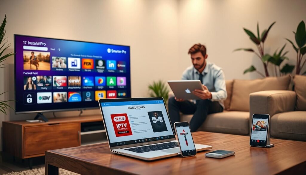 A modern living room scene showcasing the installation process of the IPTV Smarters Pro application on various devices. In the foreground, a sleek smart TV displays the IPTV Smarters Pro interface, with colorful icons representing adult content options and advanced features. On a coffee table, a laptop is open, showing the installation steps, along with a smartphone featuring the same app. In the middle ground, a person in smart casual attire focuses intently on the laptop, gesturing towards the TV, suggesting an instructional atmosphere. The background features a cozy, well-lit room with soft ambient lighting and plants, conveying a warm and inviting mood. The viewer should feel the practicality and accessibility of setting up IPTV Smarters Pro at home, emphasizing a friendly, informative setting without any text or disturbances. A modern living room scene showcasing the installation process of the IPTV Smarters Pro application on various devices. In the foreground, a sleek smart TV displays the IPTV Smarters Pro interface, with colorful icons representing adult content options and advanced features. On a coffee table, a laptop is open, showing the installation steps, along with a smartphone featuring the same app. In the middle ground, a person in smart casual attire focuses intently on the laptop, gesturing towards the TV, suggesting an instructional atmosphere. The background features a cozy, well-lit room with soft ambient lighting and plants, conveying a warm and inviting mood. The viewer should feel the practicality and accessibility of setting up IPTV Smarters Pro at home, emphasizing a friendly, informative setting without any text or disturbances.