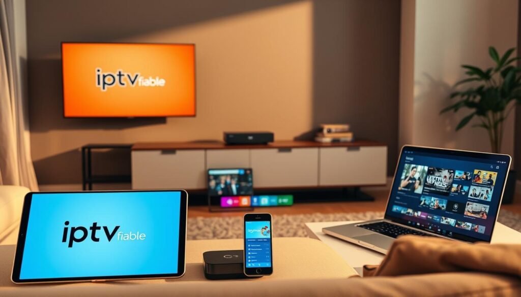 A modern living room setting featuring various electronic devices showcasing compatibility with IPTV applications. In the foreground, a sleek, smart TV displays the "iptv fiable" logo on the screen. Surrounding the TV, a tablet and smartphone show vibrant IPTV interfaces, highlighting popular channels. In the middle background, a stylish console holds a streaming device, while a laptop is open on a coffee table displaying an IPTV app. The lighting is warm and inviting, casting soft shadows to enhance the cozy atmosphere. The angle is slightly elevated, capturing the entire arrangement. The mood is tech-savvy and contemporary, designed to convey the integration of diverse devices and applications for an optimal IPTV experience in France, 2026. A modern living room setting featuring various electronic devices showcasing compatibility with IPTV applications. In the foreground, a sleek, smart TV displays the "iptv fiable" logo on the screen. Surrounding the TV, a tablet and smartphone show vibrant IPTV interfaces, highlighting popular channels. In the middle background, a stylish console holds a streaming device, while a laptop is open on a coffee table displaying an IPTV app. The lighting is warm and inviting, casting soft shadows to enhance the cozy atmosphere. The angle is slightly elevated, capturing the entire arrangement. The mood is tech-savvy and contemporary, designed to convey the integration of diverse devices and applications for an optimal IPTV experience in France, 2026.