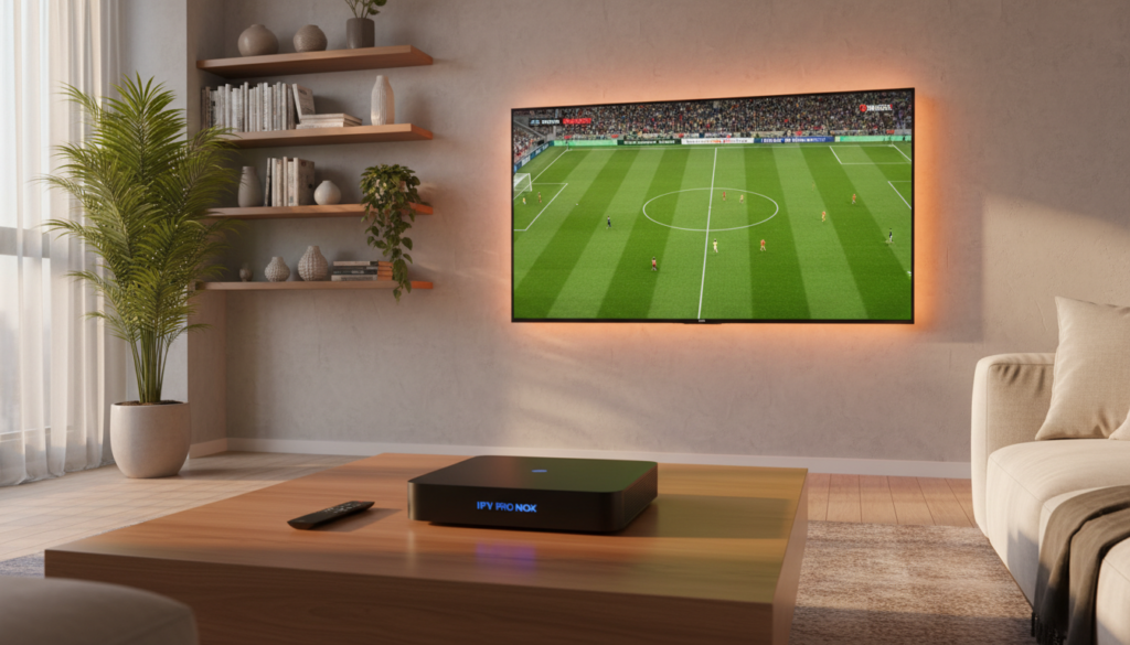 A modern living room setup, showcasing a sleek and stylish IPTV PRO NOX device, prominently displayed on a polished coffee table. In the foreground, a remote control rests beside the device, emphasizing its use. In the middle ground, a contemporary flat-screen TV is mounted on the wall, streaming high-quality content, illuminated by soft ambient lighting that bathes the room in a warm glow. The background features tastefully decorated shelves and plants, creating a cozy and inviting atmosphere. A hint of natural daylight streams in through a window, enhancing the serene mood. The scene conveys a sense of comfort and sophistication, ideal for enjoying quality IPTV entertainment at home.