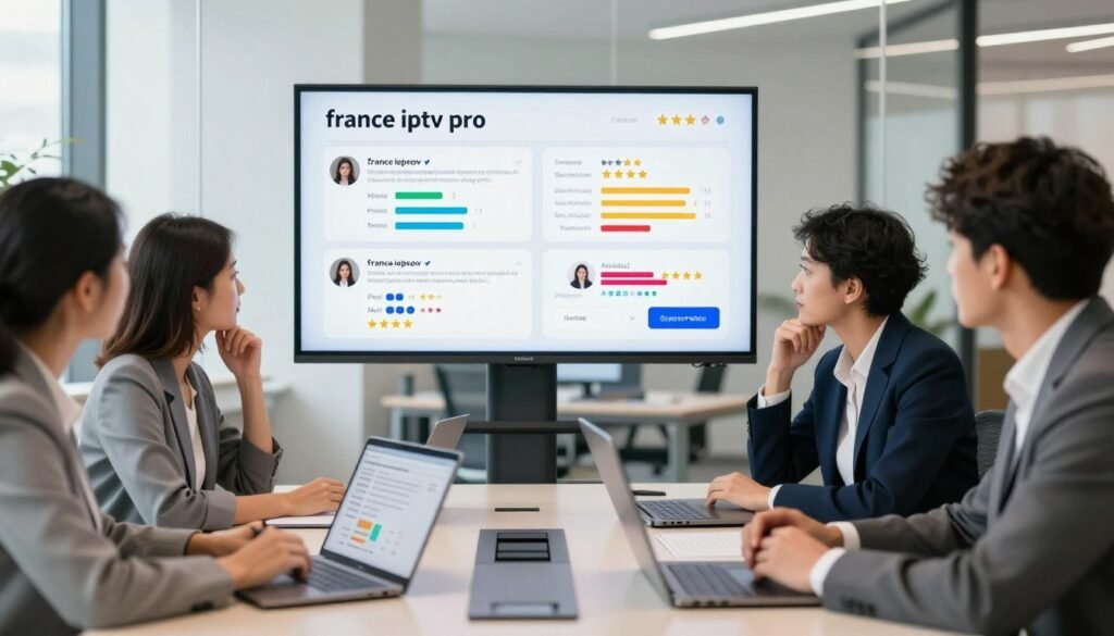 A modern office environment illustrating user reviews about IPTV services in France. In the foreground, a diverse group of professionals—two women and one man—are seated around a sleek conference table, engaged in discussion with laptops and tablets showing graphs and comments. Each individual wears professional business attire. In the middle ground, a large screen displays positive and negative user testimonials about "france iptv pro," with colorful bar graphs and ratings stars visible. The background features contemporary office decor with large windows allowing natural light, casting a bright and optimistic atmosphere. Soft lighting enhances a sense of clarity and reliability, with a focus on the expressions of the users reflecting trust and concern. The overall mood conveys thoughtful analysis and collaboration, emphasizing the importance of user feedback in evaluating service quality. A modern office environment illustrating user reviews about IPTV services in France. In the foreground, a diverse group of professionals—two women and one man—are seated around a sleek conference table, engaged in discussion with laptops and tablets showing graphs and comments. Each individual wears professional business attire. In the middle ground, a large screen displays positive and negative user testimonials about "france iptv pro," with colorful bar graphs and ratings stars visible. The background features contemporary office decor with large windows allowing natural light, casting a bright and optimistic atmosphere. Soft lighting enhances a sense of clarity and reliability, with a focus on the expressions of the users reflecting trust and concern. The overall mood conveys thoughtful analysis and collaboration, emphasizing the importance of user feedback in evaluating service quality.