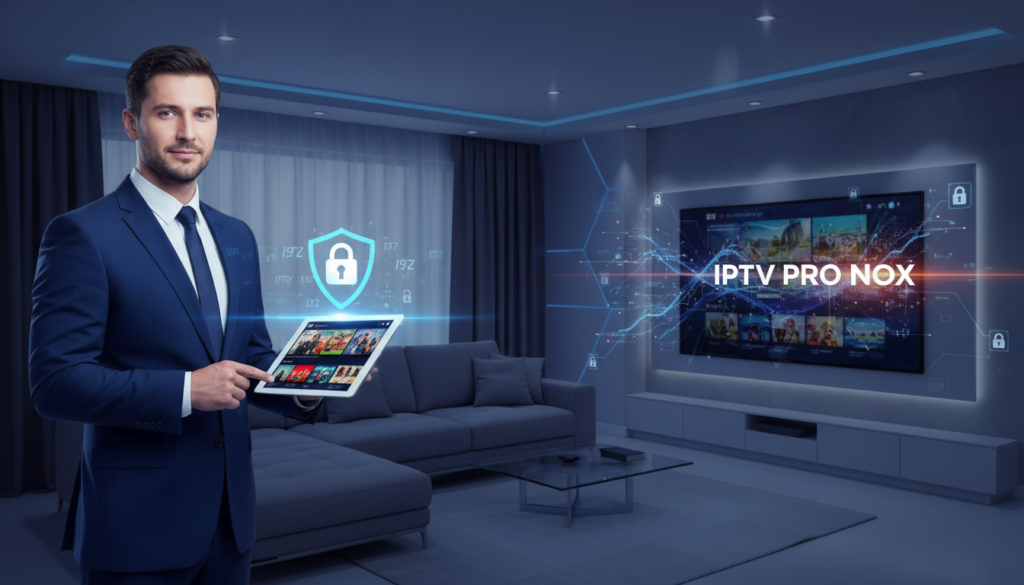 A professional and secure IPTV service illustration featuring the brand "IPTV PRO NOX". In the foreground, a confident business professional dressed in smart attire is interacting with a sleek digital device displaying IPTV content. The middle layer shows a modern living room with comfortable seating and a large screen showcasing vibrant streaming visuals. The background features soft lighting, with modern decor emphasizing a tech-savvy atmosphere. The overall mood conveys reliability and sophistication, with a clean and inviting aesthetic. The image should focus on the sense of security and professionalism in the IPTV service, highlighting elements like encryption symbols subtly integrated into the design.