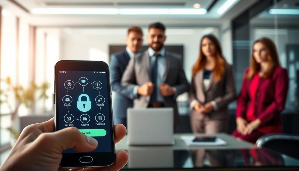 A professional and visually engaging depiction of payment security, focused on the theme "iptv fiable". In the foreground, a modern smartphone displays a secure payment interface, highlighted with icons representing encryption and trust (like a padlock and shield). In the middle ground, a diverse group of business professionals in smart attire, including a man and a woman, are discussing payment solutions, looking confident and assured. Background features a sleek, high-tech office setting with soft, ambient lighting that conveys a sense of reliability and sophistication. The overall mood is one of trust and professionalism, reflecting the importance of secure payment systems in the IPTV industry. The camera angle is slightly above eye level, giving an authoritative view of the scene.