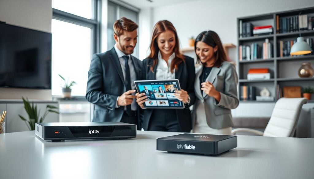 A professional, sleek home office setting that conveys trust and reliability in IPTV services. In the foreground, a modern desk with a high-tech streaming device labeled "iptv fiable," glowing softly. On the middle ground, a diverse group of two business professionals, a man and a woman, both dressed in professional attire, reviewing a digital tablet displaying IPTV service features. In the background, a well-organized bookshelf filled with tech-related books and a large window allowing natural light to fill the room. The atmosphere is bright and focused, emphasizing clarity and professionalism, suitable for exploring trustworthy IPTV subscriptions. Soft, ambient lighting enhances the modern environment, creating a mood of confidence and reliability.