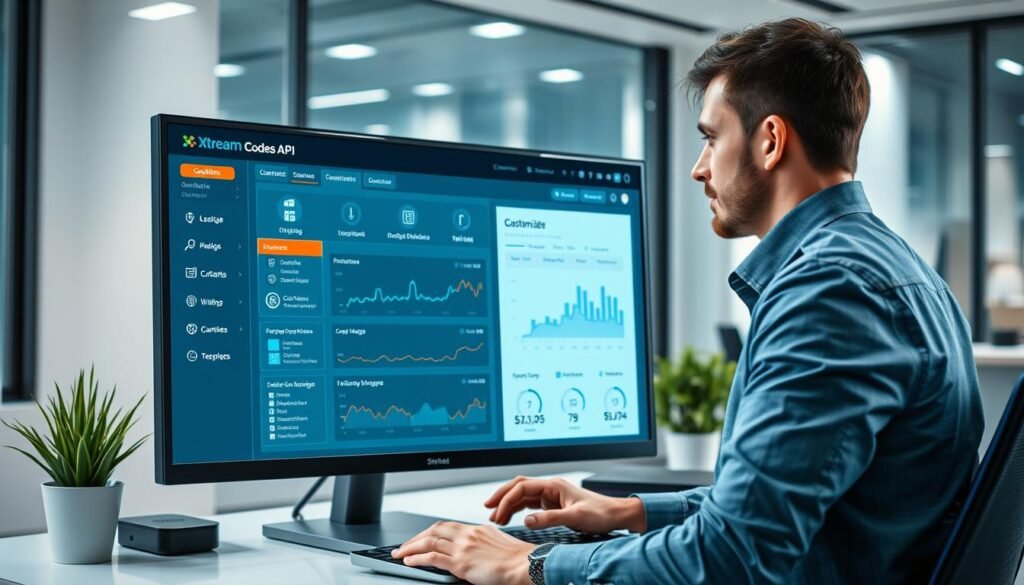 A sleek, modern digital workspace featuring a high-tech computer setup displaying the "Xtream Codes API" interface. In the foreground, a professional looking person in smart casual attire is focused on the screen, fingers poised over the keyboard. The middle ground includes customizable options and detailed data visualization related to IPTV streaming services, with dynamic graphs and connection metrics. The background shows a contemporary office setting with soft, diffused lighting, highlighting elements like a stylish desk planter and a high-tech monitor. The atmosphere is one of efficiency and innovation, conveying a sense of advanced technology and seamless connectivity in the realm of IPTV services. The image should be sharp, with an emphasis on vibrant colors to capture attention. A sleek, modern digital workspace featuring a high-tech computer setup displaying the "Xtream Codes API" interface. In the foreground, a professional looking person in smart casual attire is focused on the screen, fingers poised over the keyboard. The middle ground includes customizable options and detailed data visualization related to IPTV streaming services, with dynamic graphs and connection metrics. The background shows a contemporary office setting with soft, diffused lighting, highlighting elements like a stylish desk planter and a high-tech monitor. The atmosphere is one of efficiency and innovation, conveying a sense of advanced technology and seamless connectivity in the realm of IPTV services. The image should be sharp, with an emphasis on vibrant colors to capture attention.