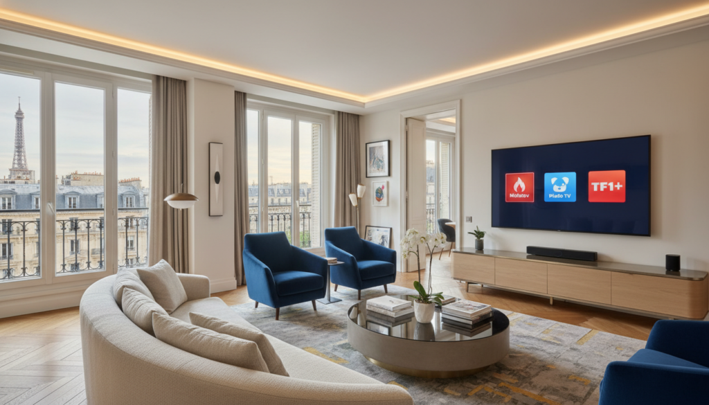 Cinematic wide shot of a bright modern living room in Paris, a sleek smart TV on the wall displaying icons for Molotov, Pluto TV, and TF1+, high-end interior design, 8k resolution.