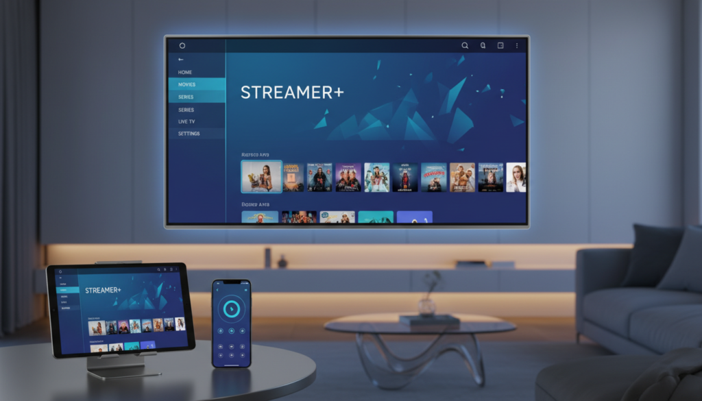 Une télévision intelligente moderne affichant une interface d'application de streaming élégante avec un smartphone et une tablette posés à côté, ambiance technologique haut de gamme.