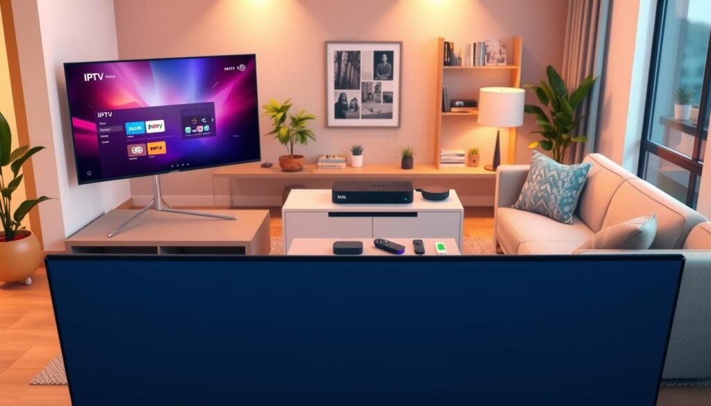 A digital illustration comparing IPTV, cable, and streaming services, set in a modern living room environment. In the foreground, depict a sleek flat-screen TV displaying a vibrant interface for IPTV, with remote controls and streaming devices nearby. In the middle, include a traditional cable box and various streaming devices like a Roku or Chromecast on a stylish media console. The background should feature a cozy living room with a comfortable sofa, soft lighting, and decorative items like plants and books, creating a warm, inviting atmosphere. Utilize soft, warm lighting to enhance the mood, and angle the view slightly from above to capture all elements clearly, ensuring a clean and professional look without any text or logos. A digital illustration comparing IPTV, cable, and streaming services, set in a modern living room environment. In the foreground, depict a sleek flat-screen TV displaying a vibrant interface for IPTV, with remote controls and streaming devices nearby. In the middle, include a traditional cable box and various streaming devices like a Roku or Chromecast on a stylish media console. The background should feature a cozy living room with a comfortable sofa, soft lighting, and decorative items like plants and books, creating a warm, inviting atmosphere. Utilize soft, warm lighting to enhance the mood, and angle the view slightly from above to capture all elements clearly, ensuring a clean and professional look without any text or logos.