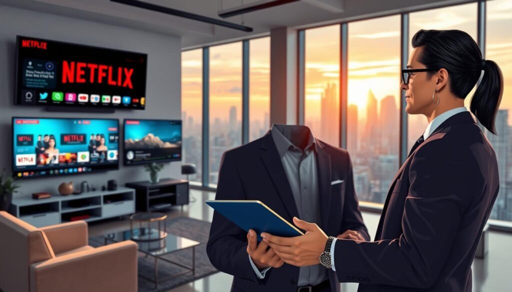 A digital illustration of a modern IPTV service provider office, showcasing a sleek workspace with multiple screens displaying user-friendly interfaces of popular streaming services like Netflix. In the foreground, focus on a well-dressed professional analyzing data on a tablet, representing the legal aspects of IPTV. The middle includes stylish, contemporary furniture and elegant decor, conveying a sense of innovation and professionalism. In the background, large windows reveal a city skyline, bathed in warm afternoon light, setting a dynamic and insightful atmosphere. The overall mood is trustworthy, informative, and cutting-edge, ideal for highlighting the critical aspects of legal and security features within IPTV services.