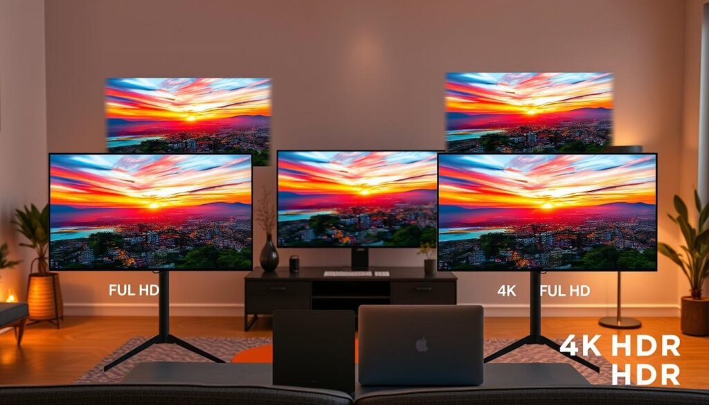 A dynamic and detailed comparison image showcasing the visual differences between HD, Full HD, 4K, and 4K HDR resolutions. In the foreground, display four distinct screens, each representing a different resolution, clearly labeled and showing the same scenic landscape scene: a vibrant sunset over a city. Each screen should be progressively clearer, with the HD being slightly blurred, Full HD sharper, 4K exhibiting vibrant colors and fine details, and 4K HDR showcasing astonishing brightness and contrast. In the middle, a sleek workspace with modern technology, such as a high-end TV and a laptop, illuminated by warm, soft lighting. The background features a cozy living room setting with minimalist decor, enhancing the focus on the comparison while evoking a welcoming atmosphere.