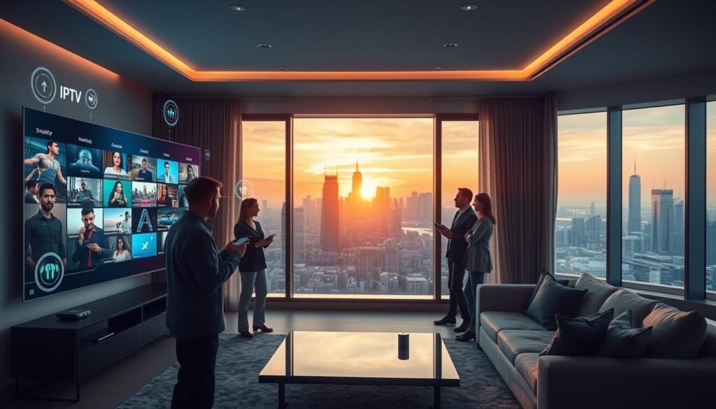A futuristic scene depicting cutting-edge IPTV technology in 2026. In the foreground, a sleek, modern living room with a large, ultra-thin translucent screen displaying diverse multimedia content. Interactive holographic elements hover around, showing streaming options and user interfaces. In the middle ground, a group of diverse professionals in smart casual attire engage with advanced streaming devices, showcasing wireless connectivity. The background features a panoramic city skyline at sunset, casting a warm glow through floor-to-ceiling windows. Soft, ambient lighting creates a cozy yet innovative atmosphere. The image captures a sense of excitement and possibility in the realm of technology, focusing on IPTV advancements for a bright future.