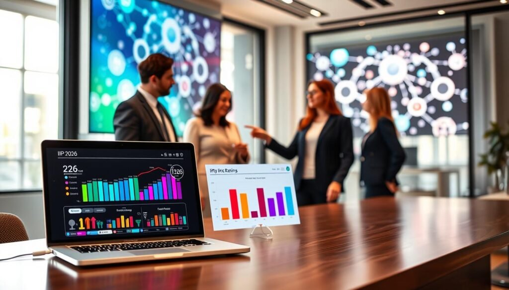 A modern digital workspace showcasing a comparison of IPTV services for 2026. In the foreground, a sleek, contemporary desk with a laptop displaying a colorful graph of IPTV service ratings, accompanied by charts and icons representing various services. In the middle ground, a group of three professionals in smart business attire, intently discussing the data, with one pointing to the laptop screen. The background features a bright office with large windows letting in soft natural light, and abstract digital screens displaying streaming symbols and networks. The overall atmosphere conveys professionalism and insight, captured with a warm, inviting ambiance, using a slightly elevated angle to emphasize collaboration and technology. A modern digital workspace showcasing a comparison of IPTV services for 2026. In the foreground, a sleek, contemporary desk with a laptop displaying a colorful graph of IPTV service ratings, accompanied by charts and icons representing various services. In the middle ground, a group of three professionals in smart business attire, intently discussing the data, with one pointing to the laptop screen. The background features a bright office with large windows letting in soft natural light, and abstract digital screens displaying streaming symbols and networks. The overall atmosphere conveys professionalism and insight, captured with a warm, inviting ambiance, using a slightly elevated angle to emphasize collaboration and technology.