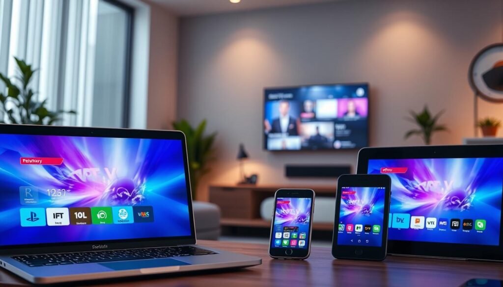 A modern digital workspace showcasing diverse devices compatible with multi-platform viewing. In the foreground, there's a sleek laptop displaying a vibrant IPTV interface. Beside it, a tablet and a smartphone highlight the same interface, symbolizing seamless connectivity. The middle ground features a stylish smart TV mounted on a wall, with streaming icons illuminating the screen. The background is a cozy living room with soft, warm lighting, creating an inviting atmosphere. The angle is slightly elevated, capturing all devices in a harmonious layout. This scene embodies the concept of cross-platform compatibility, emphasizing technological integration and user convenience in a modern home setting.