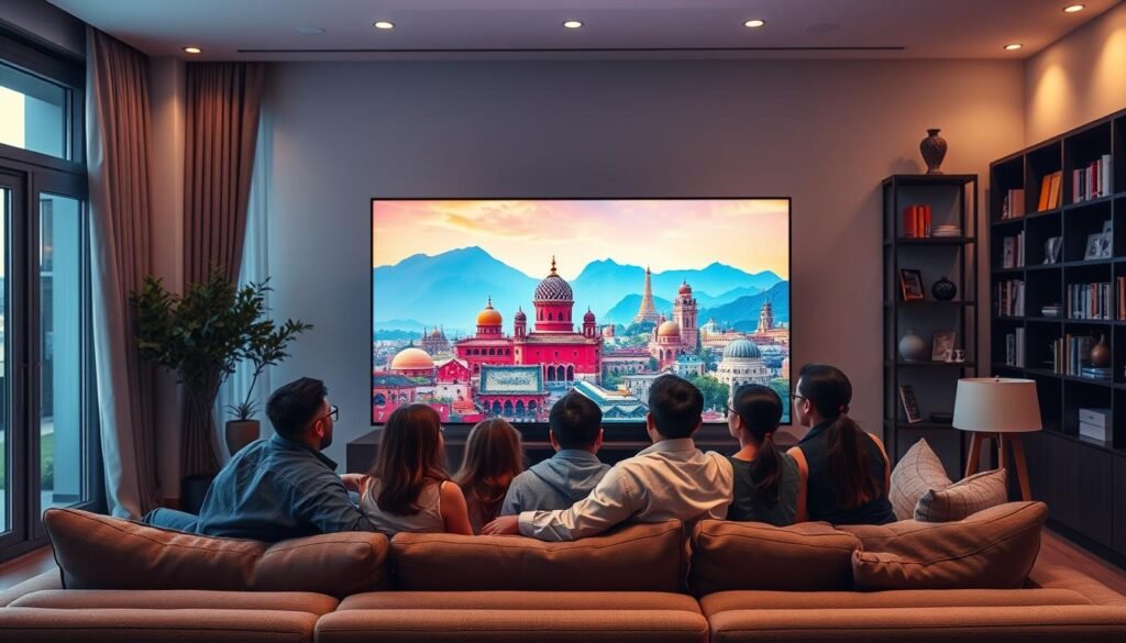 A modern living room setting showcasing a large 4K Ultra HD television, vividly displaying a scene of colorful foreign landscapes and cultural landmarks. In the foreground, a family of diverse individuals, dressed in smart casual clothing, are gathered comfortably on a stylish couch, enjoying their viewing experience. Soft ambient lighting creates a warm and inviting atmosphere, with natural light filtering through large windows, enhancing the vibrant colors of the TV display. In the background, elegant décor adorns the walls, and a bookshelf filled with cultural artifacts and books reflects the diversity of the community. The image captures a sense of joy and connection, emphasizing the accessibility of high-definition streaming content in any location, while conveying a feeling of comfort and belonging.
