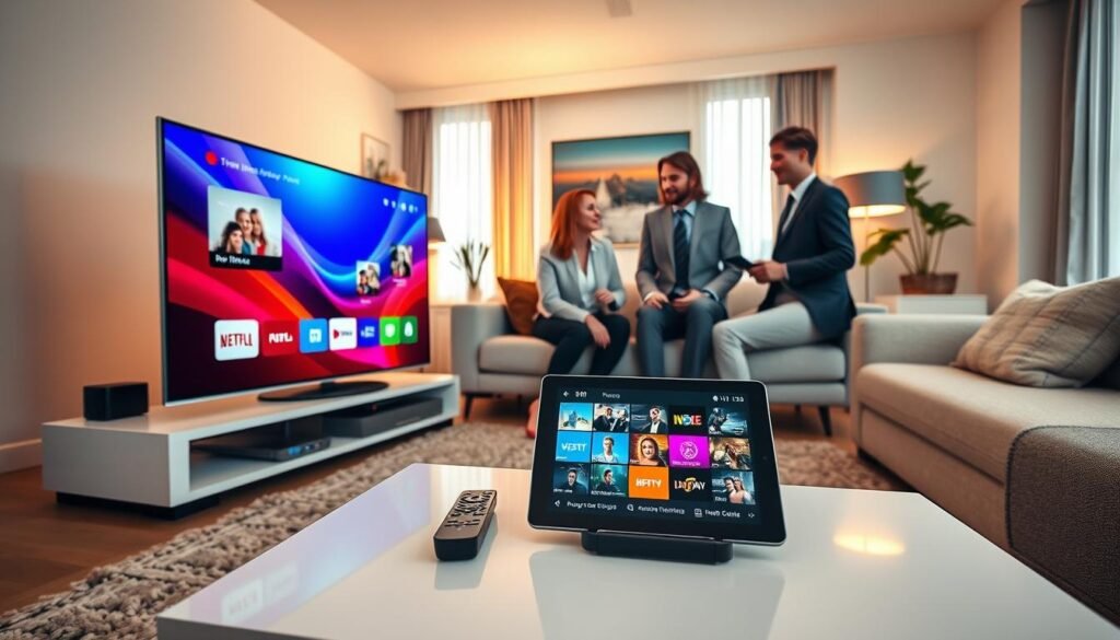 A modern living room setup showcasing various compatible devices for a 4K IPTV experience. In the foreground, display a sleek 4K television with vibrant colors on the screen, featuring streaming icons. On a stylish coffee table, place a remote control and a tablet showcasing an IPTV app interface. In the middle ground, set a comfortable sofa with a couple of people in professional casual attire, discussing and interacting with the devices. In the background, create an inviting atmosphere with warm lighting, minimalist decor, and a window letting in natural light, enhancing the modern yet cozy vibe. The overall mood is tech-savvy and engaging, emphasizing the importance of compatible devices and technical requirements for enjoying high-quality IPTV in 4K.