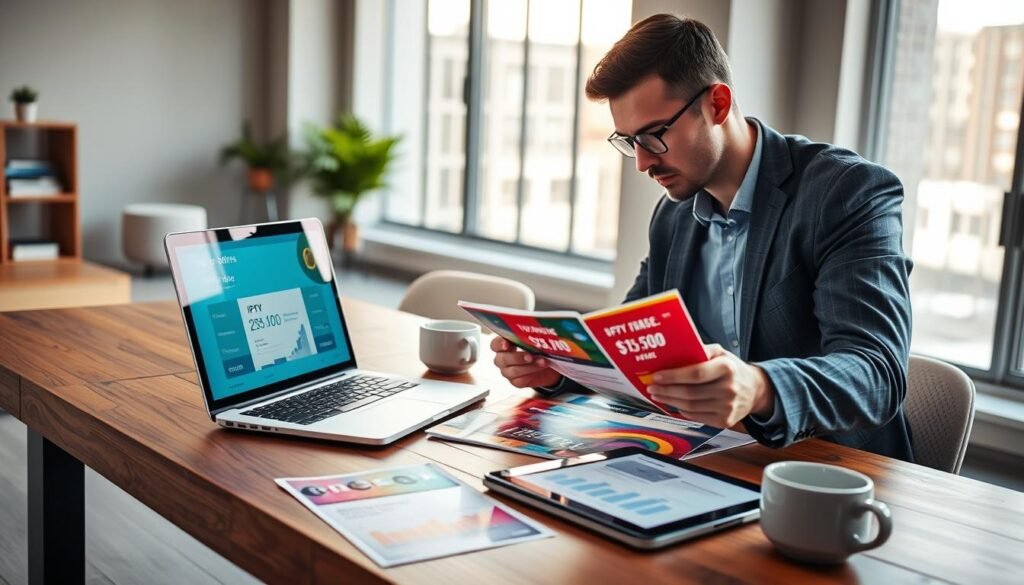 A modern office setting, featuring a sleek wooden desk with a laptop open displaying IPTV subscription offers. On the desk, various colorful flyers and brochures showcase different IPTV packages labeled with attractive prices. In the background, large windows let in natural light, illuminating the room and casting soft shadows. A professional individual dressed in business casual attire is analyzing the documents, furrowing their brow in concentration. The atmosphere is one of focused determination, emphasizing the competitive nature of the IPTV market. Subtle elements like coffee cups and a digital tablet with graphs blend in harmoniously, creating a dynamic yet organized workspace. The scene captures the essence of comparing and analyzing IPTV offers in 2026, with a clear, inviting color palette. A modern office setting, featuring a sleek wooden desk with a laptop open displaying IPTV subscription offers. On the desk, various colorful flyers and brochures showcase different IPTV packages labeled with attractive prices. In the background, large windows let in natural light, illuminating the room and casting soft shadows. A professional individual dressed in business casual attire is analyzing the documents, furrowing their brow in concentration. The atmosphere is one of focused determination, emphasizing the competitive nature of the IPTV market. Subtle elements like coffee cups and a digital tablet with graphs blend in harmoniously, creating a dynamic yet organized workspace. The scene captures the essence of comparing and analyzing IPTV offers in 2026, with a clear, inviting color palette.