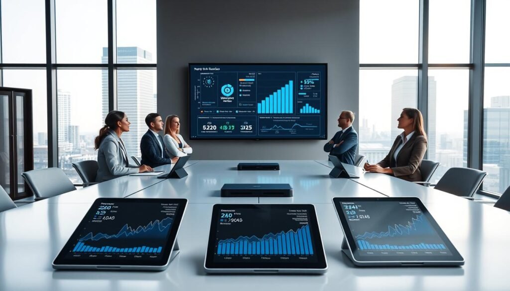 A modern office setting with a sleek, minimalist design, featuring a large conference table at the forefront. On the table, several high-tech devices like tablets and laptops display real-time data analytics and performance graphs related to IPTV server stability and reliability. In the middle ground, a diverse group of professionals in business attire are engaged in an animated discussion, analyzing the data projected on a large screen. The background showcases large windows overlooking a cityscape, with soft, natural light flooding the room, creating a productive atmosphere. The overall mood is focused and collaborative, emphasizing innovation and strategic planning in the world of IPTV services. A modern office setting with a sleek, minimalist design, featuring a large conference table at the forefront. On the table, several high-tech devices like tablets and laptops display real-time data analytics and performance graphs related to IPTV server stability and reliability. In the middle ground, a diverse group of professionals in business attire are engaged in an animated discussion, analyzing the data projected on a large screen. The background showcases large windows overlooking a cityscape, with soft, natural light flooding the room, creating a productive atmosphere. The overall mood is focused and collaborative, emphasizing innovation and strategic planning in the world of IPTV services.