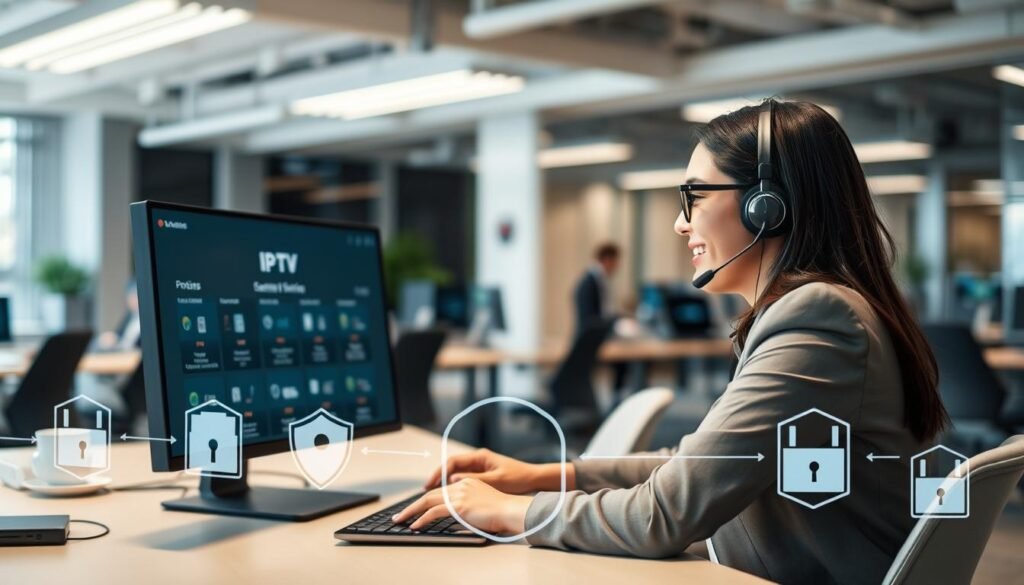 A professional customer support representative in a modern office environment, focused on assisting a client with IPTV services. The foreground features a well-dressed individual, wearing business attire, engaged in a friendly conversation via a headset, sitting at a sleek desk with a computer displaying IPTV service options. In the middle ground, an array of digital security features, like firewalls and encryption symbols, are subtly integrated around the workspace. The background showcases a contemporary office filled with collaborative workspaces and tech gadgets. Soft, diffused lighting creates a warm atmosphere, fostering a sense of trust and professionalism. The angle captures a slightly elevated perspective, emphasizing both the representative's attentiveness and the advanced technology surrounding them.