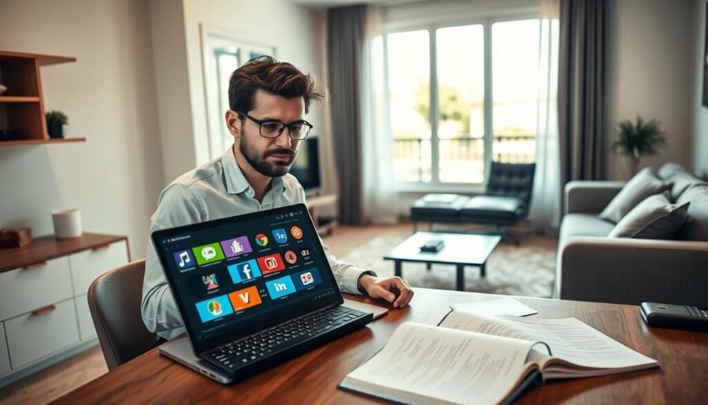 A professional-looking expatriate in modest casual clothing sits at a desk with a laptop, attentively following a guide on IPTV services. In the foreground, the laptop screen displays vibrant icons of French TV channels. On the desk, there are some papers and an open notebook filled with notes about streaming options. The middle ground features a modern living room setting, with a comfy couch and a small TV visible. In the background, a large window reveals a sunny outdoor scene, illustrating a foreign environment. Soft, warm lighting casts a welcoming atmosphere, suggesting both comfort and focus. Capture a sense of connection to France while navigating the world of IPTV.