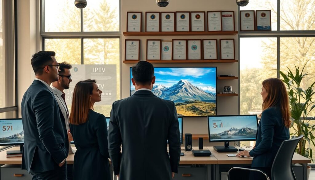 A serene office setting bathed in soft, natural light emanating from large windows, showcasing a modern workstation equipped with various devices for IPTV services. In the foreground, a diverse group of professionals in smart business attire are engaged in a discussion, reflecting confidence and trust. They are surrounded by visual elements like graphs and data on screens indicating high reliability and user satisfaction metrics. The middle ground features a sleek television with clear IPTV service showcasing beautiful landscapes from different countries, symbolizing community connections. The background includes shelves filled with certificates and awards for service excellence, reinforcing the themes of safety, reliability, and satisfaction guarantees. The overall atmosphere is warm and inviting, creating a sense of security and professionalism.