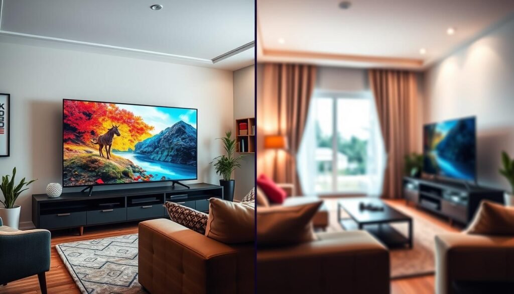 A side-by-side comparison image illustrating the limitations of upscaling in IPTV services. On the left, a detailed and sharp 4K image showcasing vibrant colors and clear details of a modern living room with a large 4K TV displaying native Ultra HD content. On the right, a lower quality image, slightly blurred and pixelated, depicting the same scene but with noticeable artifacts indicative of upscaling. The lighting should be bright and inviting, emphasizing the contrast between the two images. A soft focus on background elements enhances the clarity of the foreground. Use a wide-angle lens perspective to capture depth in the living space, creating a both informative and visually striking representation of image quality in modern IPTV offerings.