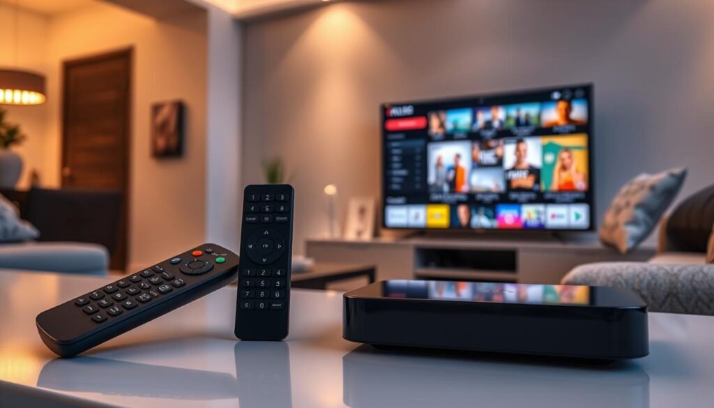 A sleek and modern IPTV device, the Atlas Pro ONTV, prominently displayed in the foreground. The device features a glossy black finish with illuminated buttons and a minimalist design. Surrounding it, a stylish remote control with an ergonomic layout is partially visible. In the middle ground, a soft-lit living room setting showcases a large flat-screen TV displaying vibrant images of popular IPTV content, emphasizing the user-friendly interface of Atlas Pro ONTV. The background features a cozy couch with decorative cushions and a subtle modern decor, creating a warm and inviting atmosphere. The lighting is soft and adequate, mimicking an evening setting, enhancing the home entertainment mood. The image is well-framed, with a focus on the device and its context, reflecting its status as a reference in IPTV technology.