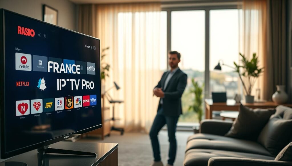 A sleek and modern digital interface representing "France IPTV Pro" in an office setting. In the foreground, a high-resolution monitor displays the France IPTV Pro logo prominently, surrounded by vibrant icons of popular streaming services like Netflix. The middle ground features a professional-looking individual in smart casual attire, engaged with a remote control, with an expression of concentration as they navigate through the IPTV options. In the background, a stylish home office is visible with tasteful decor, soft ambient lighting, and a large window revealing a sunny Parisian landscape. The overall atmosphere should evoke efficiency and modernity, highlighting the cutting-edge nature of IPTV services compared to traditional providers, with a warm, inviting color palette. The image should convey a sense of connectivity and advanced technology while remaining clutter-free.