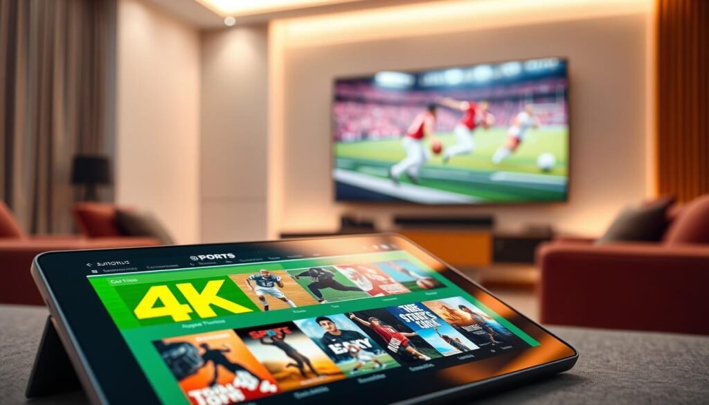 A sleek, modern digital display showcasing a vibrant catalogue of 4K sports films and series. In the foreground, a high-tech tablet screen is illuminated, featuring eye-catching thumbnails of various sports genres, such as football, basketball, and extreme sports. The middle layer presents a stylish living room setting with soft lighting, emphasizing the sophistication of a home theater experience. In the background, a blurred television screen with a stunning 4K image of a live sporting event adds depth. The mood is inviting and dynamic, suggesting excitement about the availability of high-quality content. The scene is shot from a slight angle to create a sense of immersion, highlighting the ultra-HD visuals while maintaining an overall professional aesthetic.