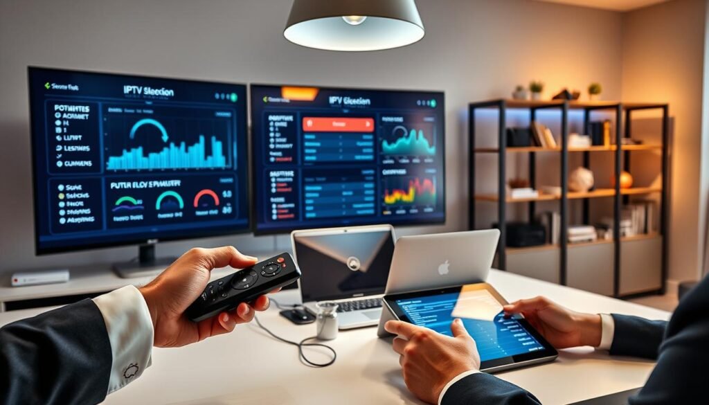 A sleek, modern home office setup featuring a large monitor displaying vibrant IPTV configuration parameters, with graphs and settings arranged in an intuitive layout. In the foreground, a pair of hands, dressed in professional business attire, are adjusting a high-tech remote control or a tablet. In the middle, an organized desk with a laptop, Ethernet cables, and a smart router reflecting advanced technology. Soft, warm lighting from an overhead lamp highlights the workspace, creating a focused yet inviting atmosphere. The background shows a stylish bookshelf with tech-related books and decorative items. The overall aesthetic conveys a sense of efficiency and modernity, ideal for optimizing IPTV without buffering.