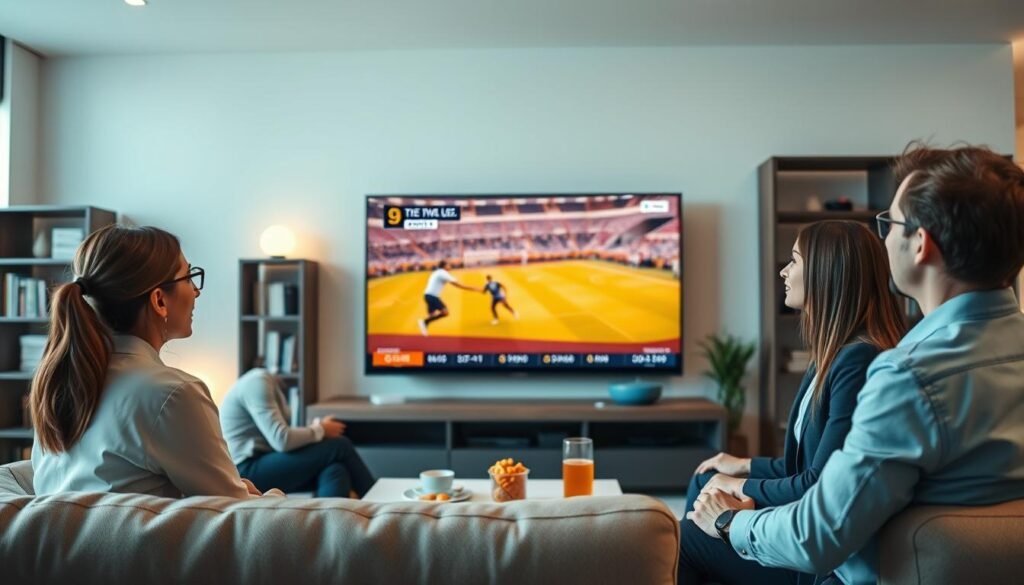 A sleek, modern living room setup showcasing a high-definition TV displaying live streaming content. In the foreground, a diverse group of three professionals in business casual attire attentively watches the screen, with expressions of focus and interest. The middle ground features the TV screen showing vibrant visuals of an action-packed sports event, with graphics indicating high performance and smooth streaming. The background includes a stylish bookshelf and soft ambient lighting that creates a warm atmosphere, complemented by a coffee table with snacks and drinks. The overall mood conveys excitement and engagement, highlighting the concept of real-time streaming performance and quality. The image should be bright, well-lit, and in a cinematic style, emphasizing clarity and modernity.