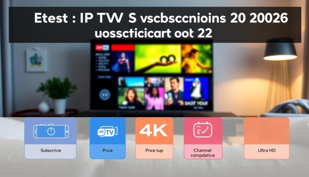 A visually engaging comparison chart showcasing the best IPTV subscriptions in France for 2026, featuring clear and colorful icons representing various streaming services and their unique features. The foreground includes three distinct subscription icons, each labeled with their key attributes like price, channel variety, and Ultra HD quality. In the middle, a sleek tablet or smart TV is displaying vibrant 4K images from popular shows to emphasize the quality. The background is subtly blurred, hinting at a cozy living room setting with soft lighting that creates an inviting atmosphere. The overall mood should feel modern and informative, reflecting a guide to the best IPTV options available. No text overlays or logos should be included, ensuring a clean presentation.