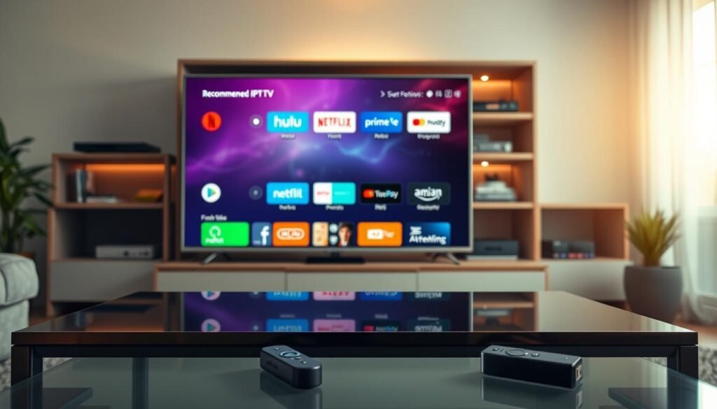 A visually engaging living room scene showcasing a smart television displaying a vibrant interface of popular IPTV applications. In the foreground, an elegant coffee table with a remote control and a user-friendly streaming device like Firestick. The middle of the scene features a stylish Smart TV, with icons for various recommended IPTV applications like Netflix, Hulu, and Amazon Prime Video illuminated on the screen. In the background, softly lit shelves display a collection of contemporary electronics, including an Android device and streaming boxes, conveying a modern tech-savvy atmosphere. The lighting is warm and inviting, creating a cozy vibe as the evening sun filters through the windows. The overall mood should feel relaxed and user-friendly, ideal for a family-friendly viewing experience.