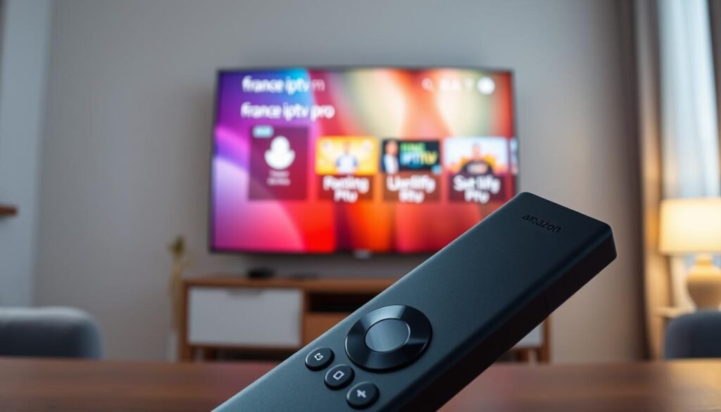 A close-up view of an Amazon Firestick remote positioned prominently in the foreground, with the sleek design of the device clearly visible. In the middle ground, a bright, modern TV displays the IPTV app interface labeled “france iptv pro,” showcasing vibrant streaming content on the screen. The setup screens are easily recognizable, illustrating user-friendly navigation. The background features a cozy living room setting, softly lit to create a warm atmosphere, with a stylish couch and decorative elements. The angle captures the essence of a relaxed streaming experience, emphasizing ease of installation and optimal performance. The overall mood is inviting and tech-savvy, appealing to viewers seeking to enhance their streaming experiences. A close-up view of an Amazon Firestick remote positioned prominently in the foreground, with the sleek design of the device clearly visible. In the middle ground, a bright, modern TV displays the IPTV app interface labeled “france iptv pro,” showcasing vibrant streaming content on the screen. The setup screens are easily recognizable, illustrating user-friendly navigation. The background features a cozy living room setting, softly lit to create a warm atmosphere, with a stylish couch and decorative elements. The angle captures the essence of a relaxed streaming experience, emphasizing ease of installation and optimal performance. The overall mood is inviting and tech-savvy, appealing to viewers seeking to enhance their streaming experiences.