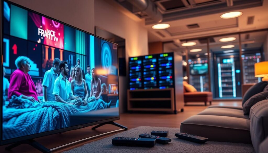 A high-resolution 4K image showcasing IPTV technology, specifically emphasizing "france iptv pro". In the foreground, a sleek, modern smart TV displays vivid streaming content with crisp detail, portraying an engaging scene from a popular show. In the middle ground, a cozy living room setting with a warm ambiance features a comfortable couch and innovative remote controls scattered around, symbolizing user-friendly technology. In the background, a futuristic server room is subtly visible with blinking lights from IPTV servers, hinting at the robust technical support available 24/7. Soft, warm lighting enhances the inviting atmosphere, while a low-angle shot captures the essence of the living space. The overall mood is dynamic yet comfortable, reflecting high-quality image and dedicated technical support. A high-resolution 4K image showcasing IPTV technology, specifically emphasizing "france iptv pro". In the foreground, a sleek, modern smart TV displays vivid streaming content with crisp detail, portraying an engaging scene from a popular show. In the middle ground, a cozy living room setting with a warm ambiance features a comfortable couch and innovative remote controls scattered around, symbolizing user-friendly technology. In the background, a futuristic server room is subtly visible with blinking lights from IPTV servers, hinting at the robust technical support available 24/7. Soft, warm lighting enhances the inviting atmosphere, while a low-angle shot captures the essence of the living space. The overall mood is dynamic yet comfortable, reflecting high-quality image and dedicated technical support.