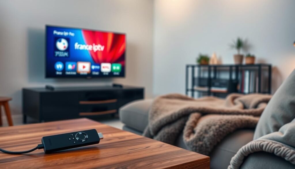 A modern living room featuring a sleek Amazon Firestick plugged into a contemporary flat-screen TV, displaying the vibrant interface of the "france iptv pro" application. In the foreground, a stylish remote control rests on a wooden coffee table. The middle ground shows a cozy sofa with a plush throw blanket, suggesting comfort during streaming sessions. Soft ambient lighting creates a warm and inviting atmosphere, enhancing the modern aesthetic. In the background, a decorative shelf showcases a few books and subtle plants, adding a touch of homeliness. The scene conveys ease of installation and user-friendliness typical of IPTV applications, with a focus on the Firestick's setup process. The image captures a perfect balance of technology with a relaxed home environment, ideal for illustrating a seamless IPTV experience. A modern living room featuring a sleek Amazon Firestick plugged into a contemporary flat-screen TV, displaying the vibrant interface of the "france iptv pro" application. In the foreground, a stylish remote control rests on a wooden coffee table. The middle ground shows a cozy sofa with a plush throw blanket, suggesting comfort during streaming sessions. Soft ambient lighting creates a warm and inviting atmosphere, enhancing the modern aesthetic. In the background, a decorative shelf showcases a few books and subtle plants, adding a touch of homeliness. The scene conveys ease of installation and user-friendliness typical of IPTV applications, with a focus on the Firestick's setup process. The image captures a perfect balance of technology with a relaxed home environment, ideal for illustrating a seamless IPTV experience.