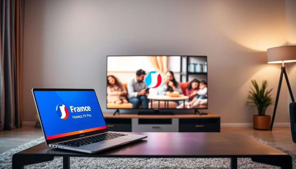 A modern living room scene that conveys security and connectivity via a VPN, featuring a sleek Smart TV displaying the logo of “france iptv pro” in a vibrant color scheme. In the foreground, a stylish coffee table with a laptop and a VPN software interface open on the screen, symbolizing secure browsing and streaming. The middle layer depicts a family, dressed in smart casual clothing, comfortably watching TV while using their tablet and phone, showcasing the versatility of IPTV. In the background, a cozy ambiance with soft, warm lighting illuminating the room, creating a welcoming and secure atmosphere. The image should be balanced and inviting, capturing the essence of a safe streaming experience enhanced by technology. A modern living room scene that conveys security and connectivity via a VPN, featuring a sleek Smart TV displaying the logo of “france iptv pro” in a vibrant color scheme. In the foreground, a stylish coffee table with a laptop and a VPN software interface open on the screen, symbolizing secure browsing and streaming. The middle layer depicts a family, dressed in smart casual clothing, comfortably watching TV while using their tablet and phone, showcasing the versatility of IPTV. In the background, a cozy ambiance with soft, warm lighting illuminating the room, creating a welcoming and secure atmosphere. The image should be balanced and inviting, capturing the essence of a safe streaming experience enhanced by technology.